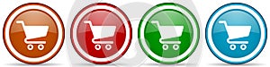 Shopping cart, shop, sale glossy icons, set of modern design buttons for web, internet and mobile applications in four colors