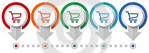 Shopping cart, shop, sale vector icon set, flat design infographic template, set pointer concept icons in 5 color options for