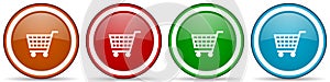 Shopping cart, shop, trolley glossy icons, set of modern design buttons for web, internet and mobile applications in four colors