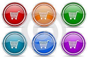 Shopping cart, shop, trolley silver metallic glossy icons, set of modern design buttons for web, internet and mobile applications