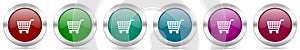 Shopping cart, shop, trolley silver metallic vector icon set, round glossy buttons with chrome border for web design