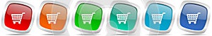 Shopping cart, shop, trolley vector icon set, modern design, silver metallic glossy colorful shop web buttons collection