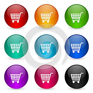 Shopping cart, shop, trolley vector icons, set of colorful glossy 3d rendering ball buttons in 9 color options