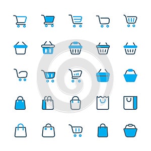 Shopping cart, shopping bag and grocery basket vector outline flat line icons set.