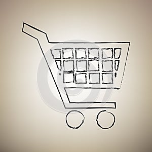 Shopping cart sign. Vector. Brush drawed black icon at light bro