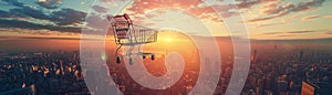 Shopping cart skyline, consumerism concept, high angle, sunrise glow , 8K resolution