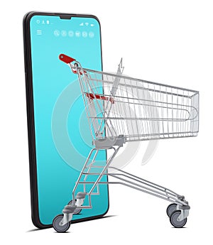 Shopping cart from smartphone isolated on white background, sale advertising banner and e-commerce for web store. Online shopping