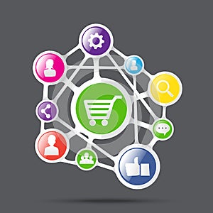 Shopping cart with social network icon, connection business concept, vector illustration