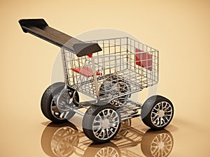 Shopping cart with sports tyres and a spoiler. 3D illustration