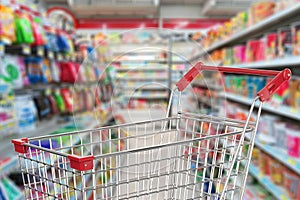 Shopping cart in supermarket alley photo