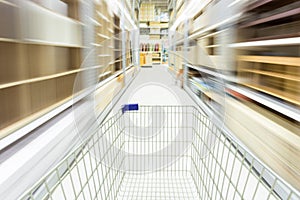 Shopping cart in supermarket with blur motion