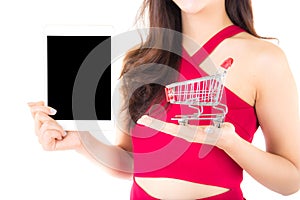 Shopping cart and tablet holding on hand asian woman isolated