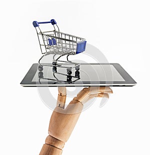 Shopping cart with tablet on white backgrond , Means shopping online