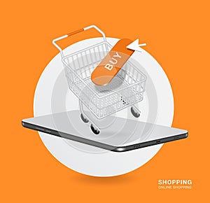 shopping cart or trolley,buy button,and smartphone place on white circle