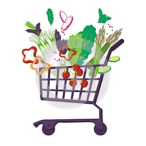 Shopping cart trolley full of healthy fresh vegetables, flat vector illustration isolated