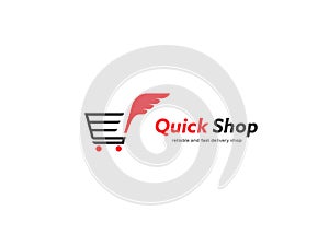 Shopping cart trolley with wing logo icon, quick shop retail business logo