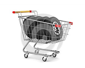 Shopping cart and tyres on white background. Isolated 3D illustration