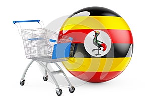 Shopping cart with Ugandan flag. Shopping in Uganda concept. 3D rendering