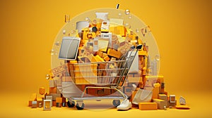 Shopping cart with various goods, sale day, online shopping. Concept seasonal discounts, black friday, cuber monday