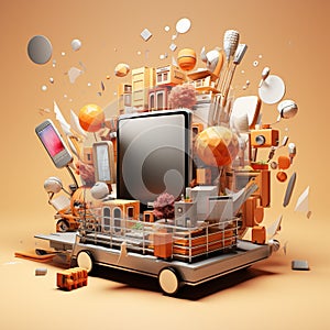 Shopping cart with various goods, sale day, online shopping,. Concept seasonal discounts, black friday, cuber monday