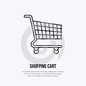 Shopping cart vector flat line icons. Retail store supplies, trade shop, supermarket equipment sign. Commercial trolley