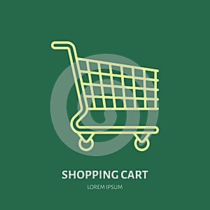 Shopping cart vector flat line icons. Retail store supplies, trade shop, supermarket equipment sign. Commercial trolley