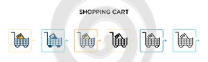 Shopping cart vector icon in 6 different modern styles. Black, two colored shopping cart icons designed in filled, outline, line