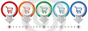 Shopping cart vector icon set, flat design infographic template, set pointer concept icons in 5 color options for webdesign and