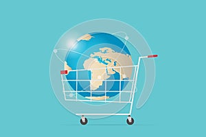 Shopping cart with world globe, digital online and business concept