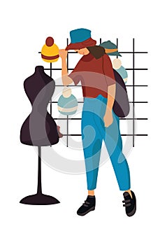 Shopping. Cartoon woman at mall. Young female in casual cozy clothes and hat. Isolated modern girl in garment store