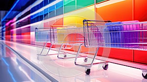 Shopping carts in a colorful aisle, AI