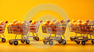 Shopping carts with elegant bags on a vibrant orange background. Generative ai