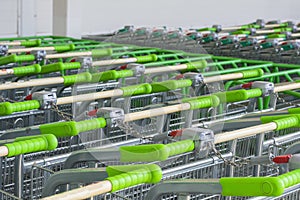 Shopping carts with green handles are parked in a row.