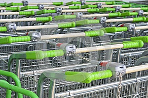 Shopping carts in a hypermarket close-up.