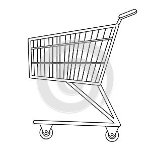 Shopping carts icon, line, sketch, doodle style. Metal trolley, for purchases in a supermarket on white