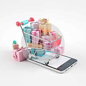 Shopping carts and laptop for shopping online concept design.