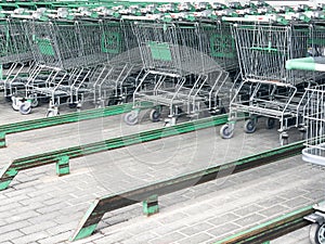 Shopping carts near the market. Shopping carts are parked near the store