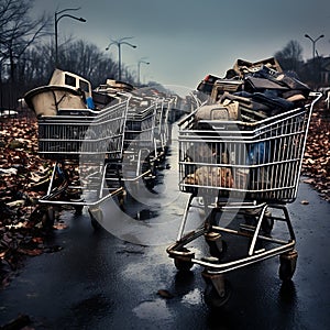Shopping carts with trash in them