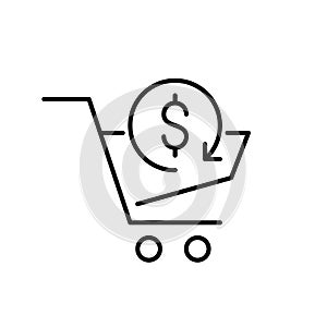 Shopping with cash back. Cart with dollar sign. Pixel perfect, editable stroke icon