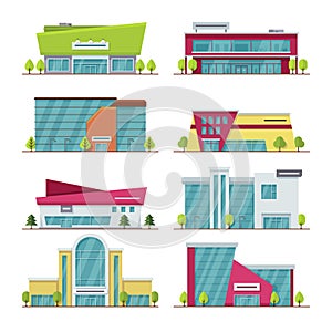 Shopping center, mall and supermarket modern flat vector buildings