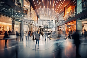 shopping center with people in motion blur, people walk in the mall in blurred motion, out of focus, business mall, generative ai