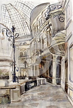 Shopping center. Watercolor