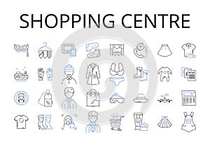 Shopping centre line icons collection. Retail complex, Marketplace, Mall plaza, Trade center, Bazaar hub, Mercantile