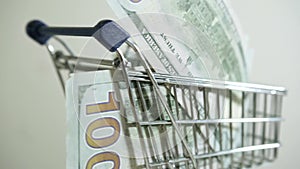 shopping chart with 100 usd bills note on white background