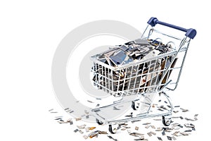 Shopping chart or supermarket trolley with used old rusty cutters blades