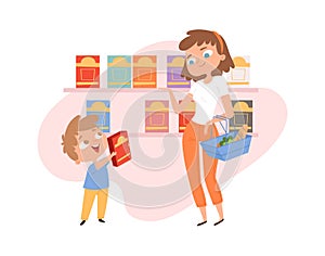 Shopping with child. Mother son in grocery store. Woman with shop basket, boy want cornflakes box. Cartoon family in