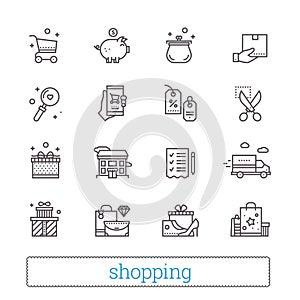 Shopping, commerce, retail thin line icons. Shop symbols: coupons, wishlist, delivery track, cash back, goods and gifts.