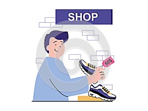 Shopping concept with character situation. Customer buys sneakers in store. Man chooses sports footwears in shoe department of