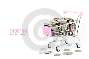 Shopping concept with coin on cart on white background with copy space for text