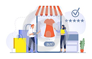 Shopping concept illustration people buying in store application. Man and woman choosing dress in online shop